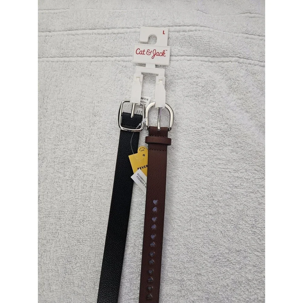 Cat & Jack Girls Leather Belts 2 Pack Reversable Black, Pink, & Brown Hearts